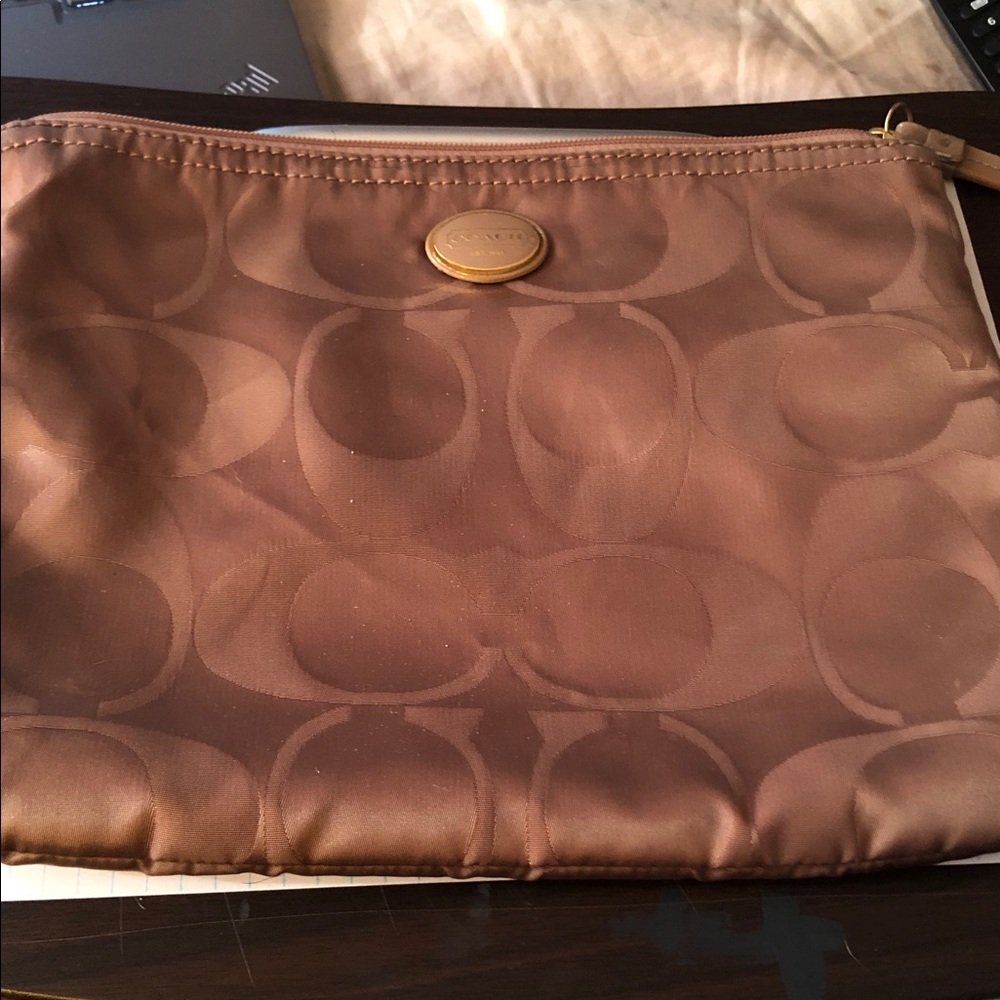 Coach Satin Signature Pouch in Brown with Gold Accent